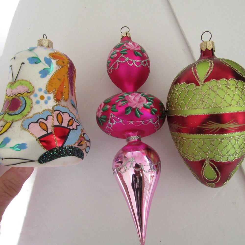 Lot of 3 Large, Vintage hand blown glass ornaments, unique shapes